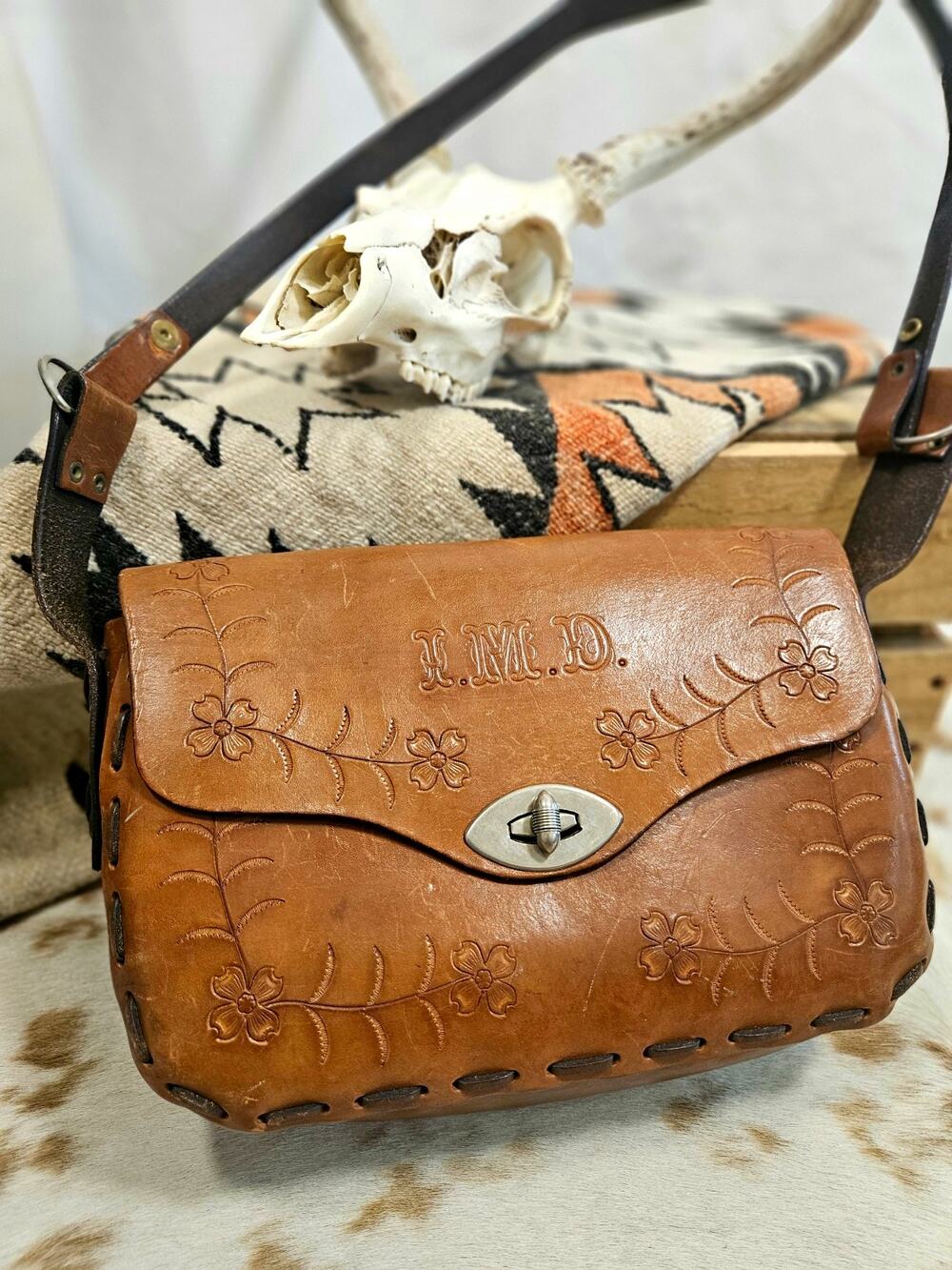 Vintage Hand Tooled Leather Shoulder Bag Boho Western Whipstitch Floral Monogram